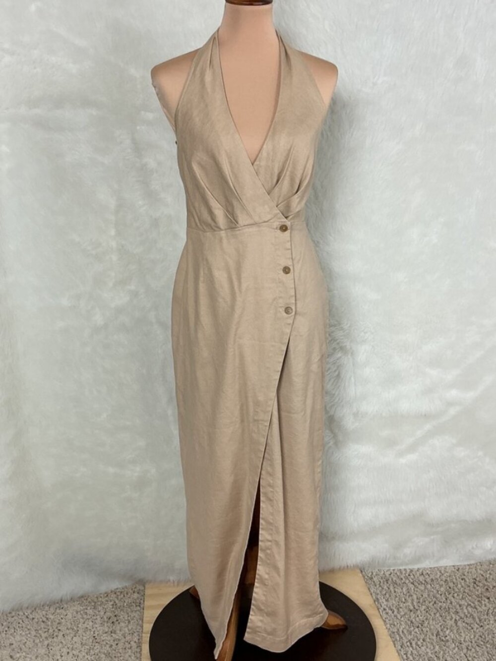 By Anthropologie Tan Linen Halter V-Neck Column Midi Dress S